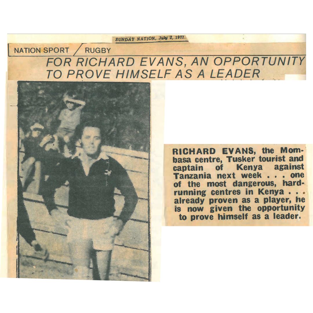 Richard (Dicky) Evans press clipping showing him running out as Captain of the Kenya Rugby team in 1972